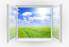 Image of an open window to a sunny green field.