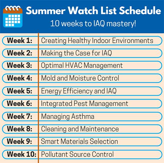 Week 1: Creating Healthy Indoor Environments; Week 2: Making the Case for IAQ; Week 3: Optimal HVAC Management; Week 4: Mold and Moisture Control; Week 5: Energy Efficiency and IAQ; Week 6: Integrated Pest Management; Week 7: Managing Asthma; Week 8: Cleaning and Maintenance; Week 9: Smart Materials Selection; Week 10: Pollutant Source Control.
