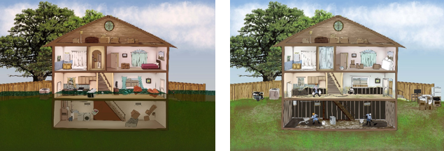 A flooded house is pictured on the left, and on the right is the damage done to the house from the flood.